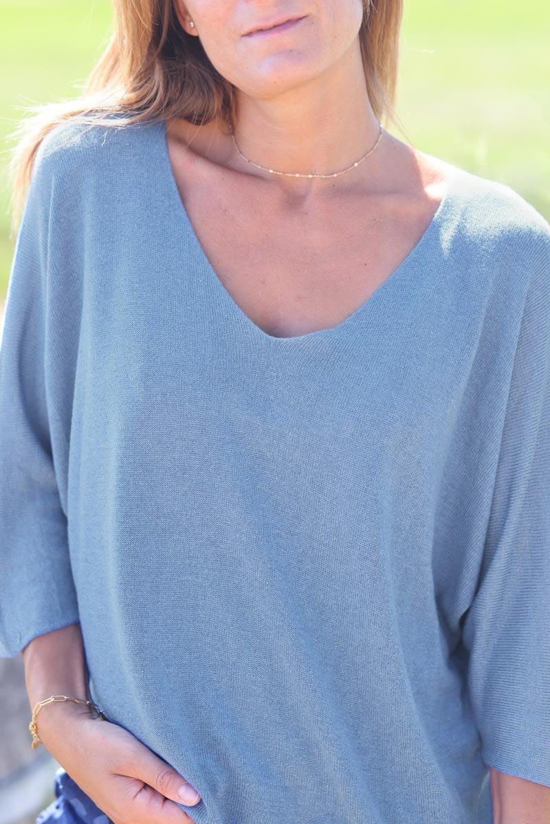 Top bleu jean jersey manches chauve souris pull fin ample pour femme E161