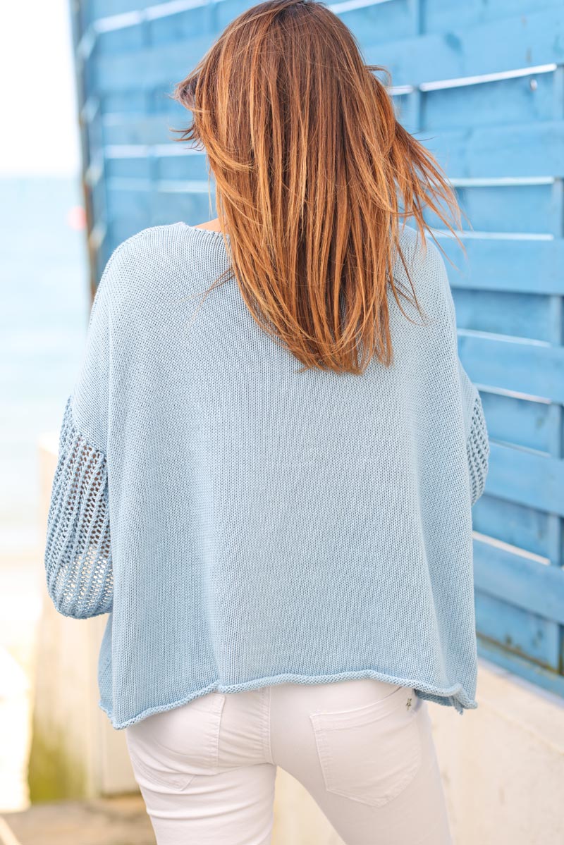 Top bleu maille coton et manches crochet g195 (1)