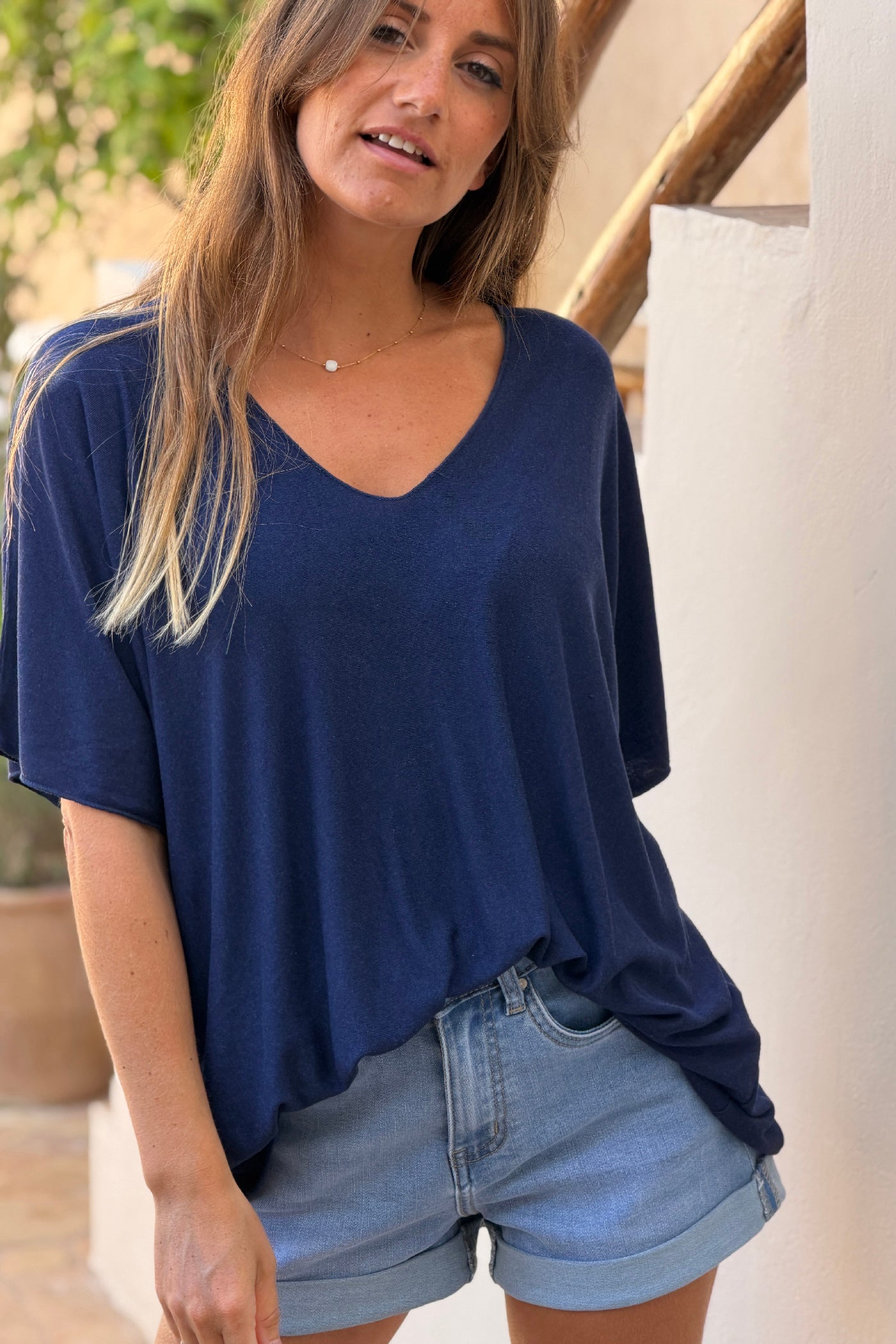 Relaxed fit navy blue v-neck top