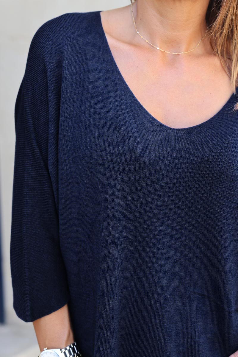 Top bleu marine jersey manches chauve souris