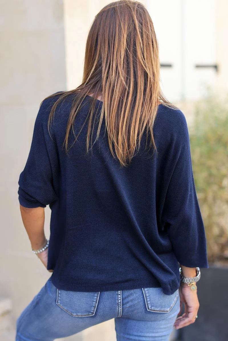 Top bleu marine jersey manches chauve souris