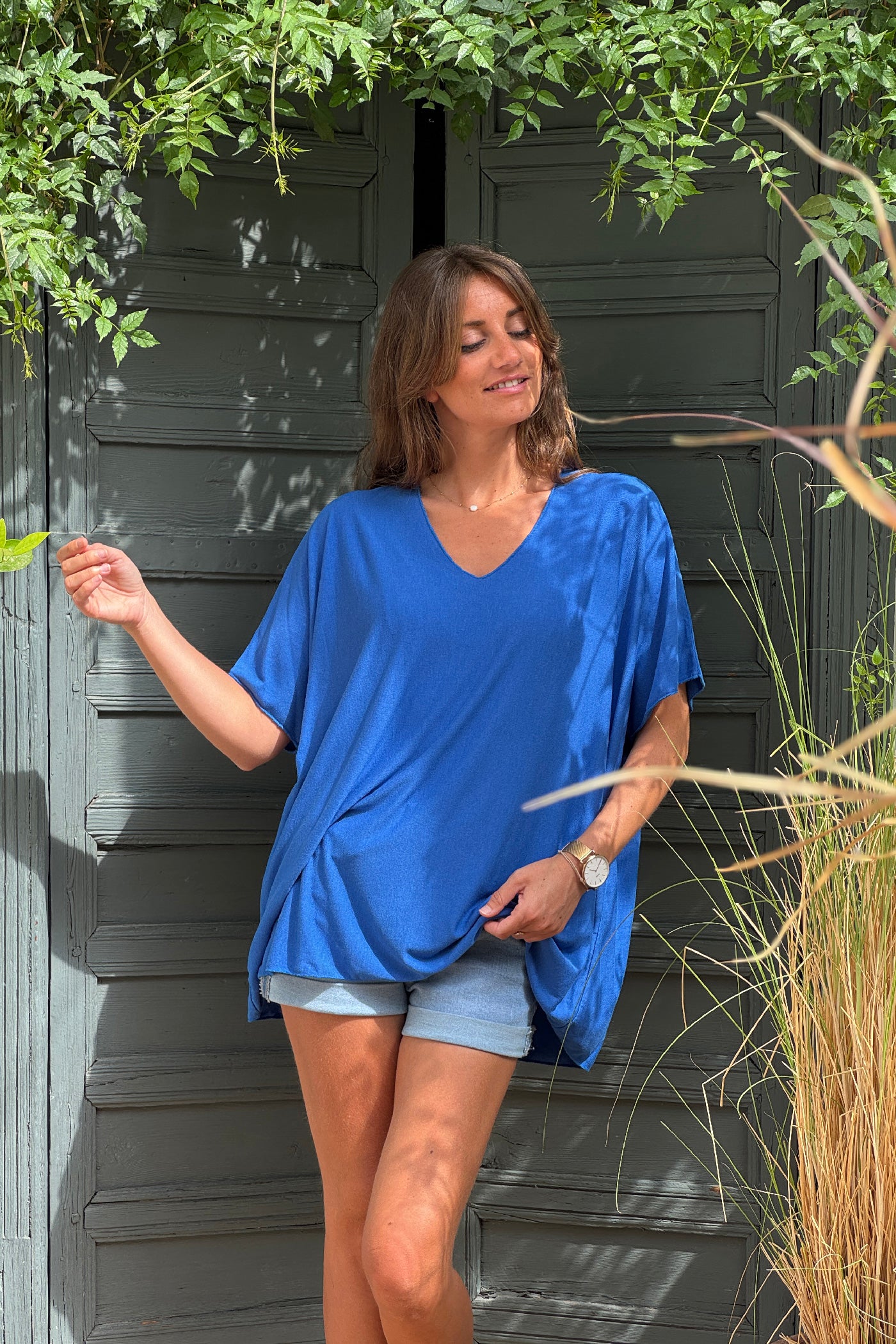 Relaxed fit royal blue v-neck top