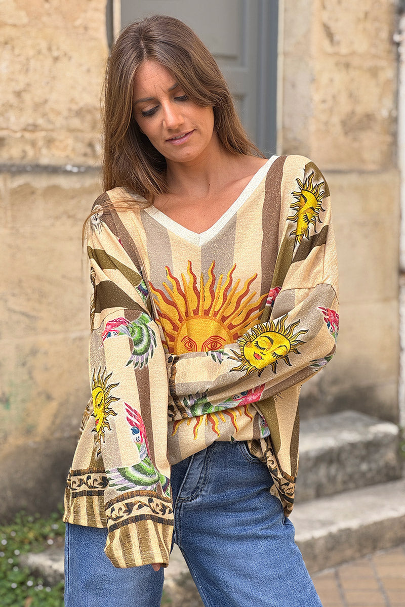 Olive Sunny Stripes Long-Sleeve Glitter Knit Top