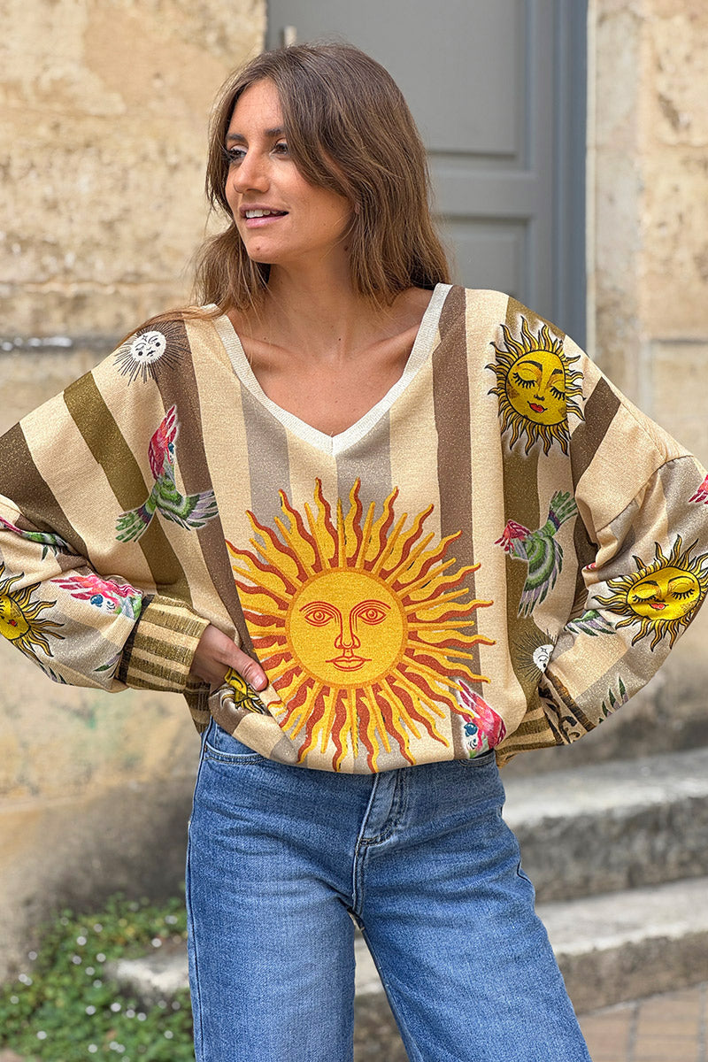 Olive Sunny Stripes Long-Sleeve Glitter Knit Top