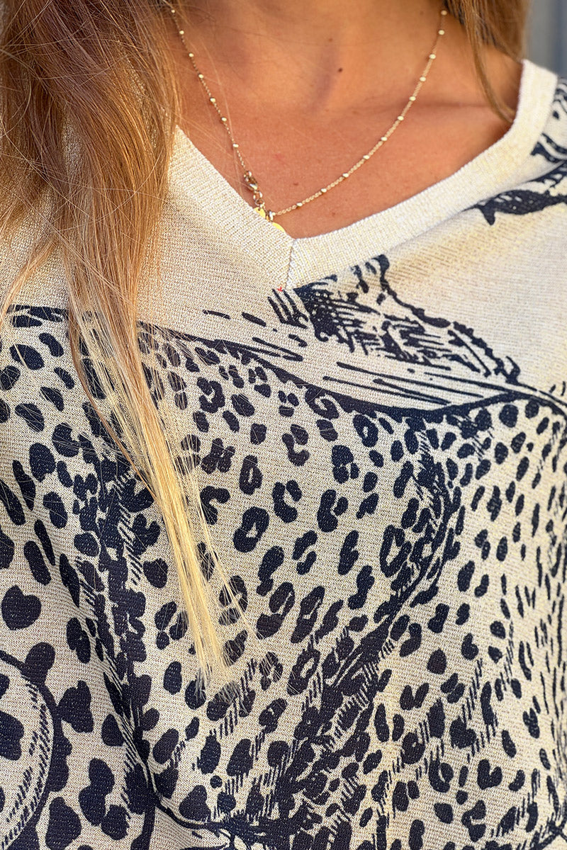 Cream sweater with Navy blue Leopard Pastoral Print Long-Sleeve Knit Top