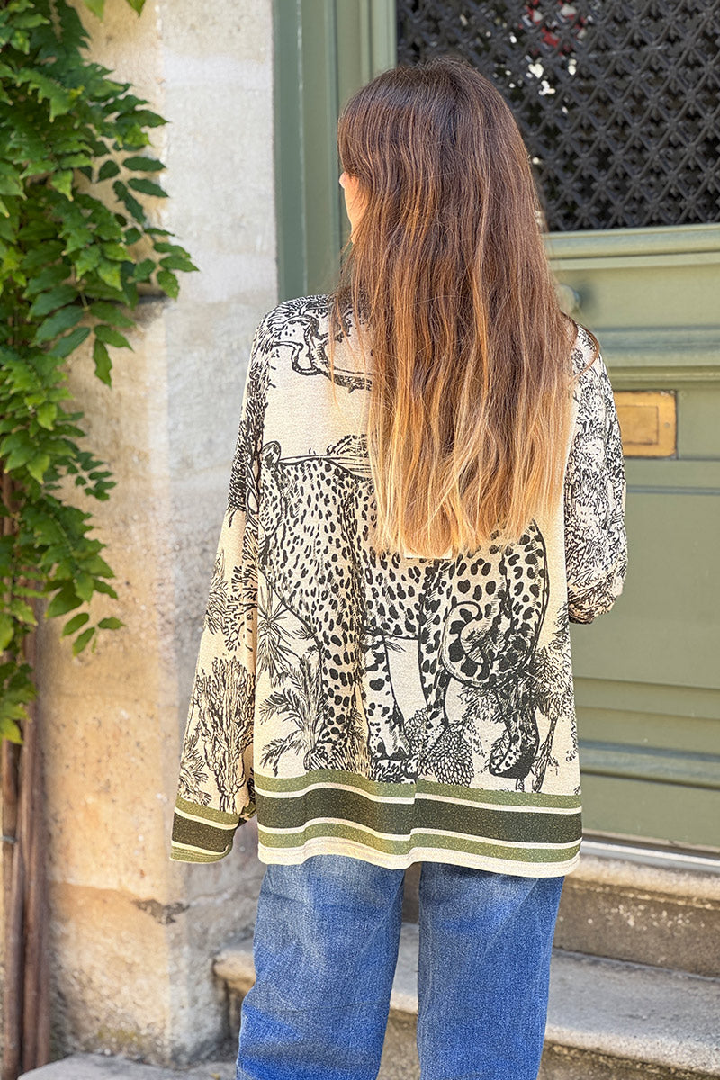 Cream sweater with Olive Leopard Pastoral Print Long-Sleeve Knit Top