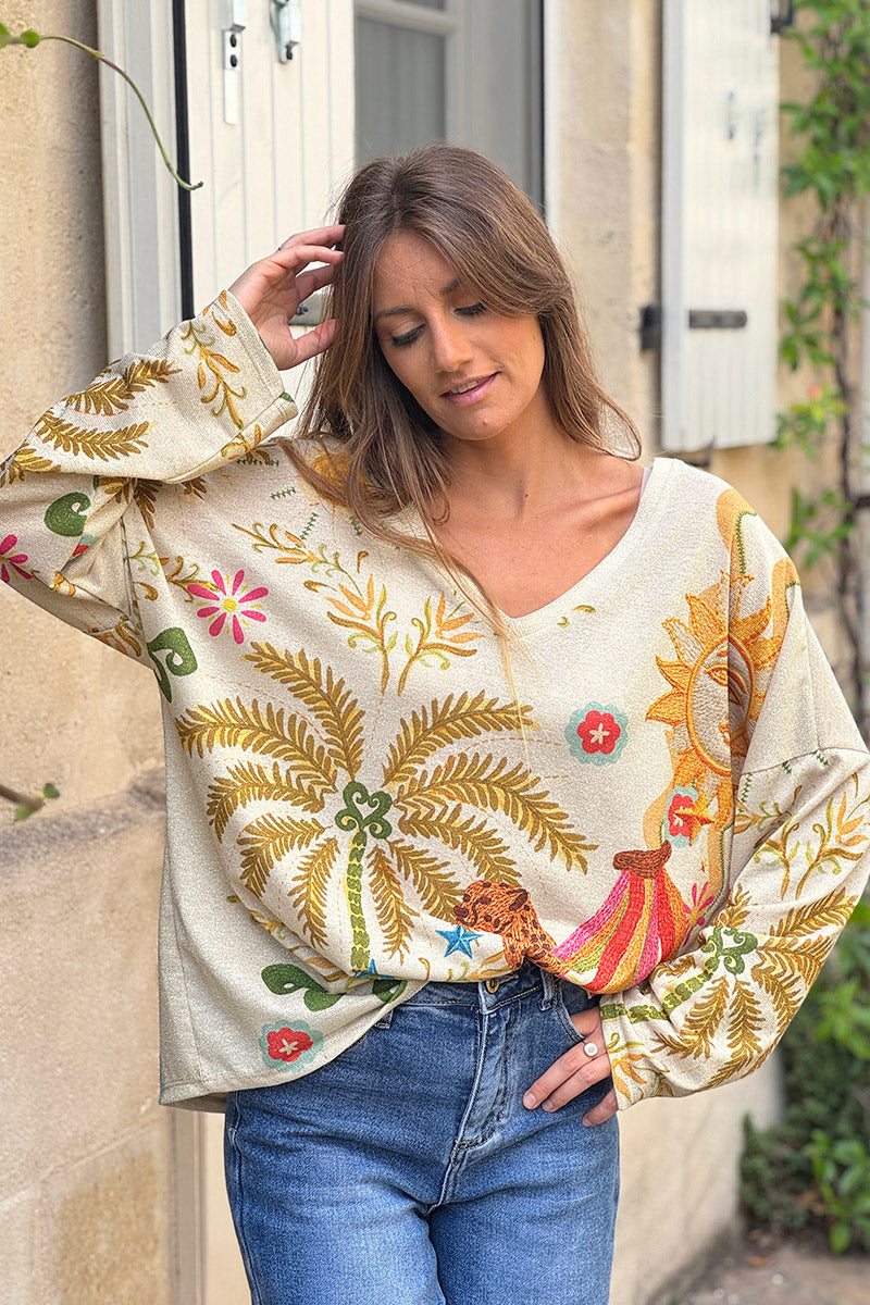 Top brillant beige imprimé tropical léopard palmier coloré