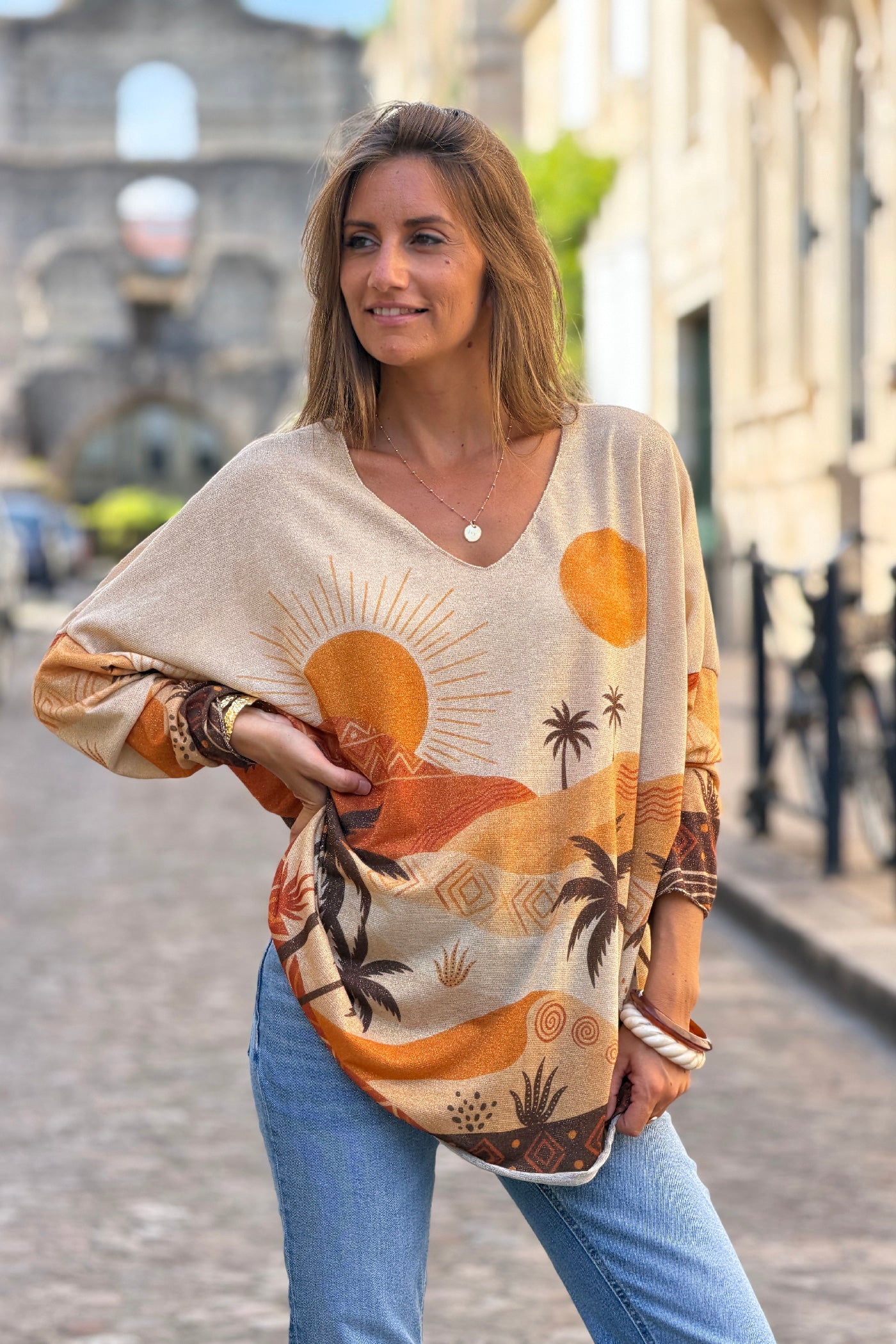Top brillant imprimé Sunset terracotta soleil dunes et palmiers