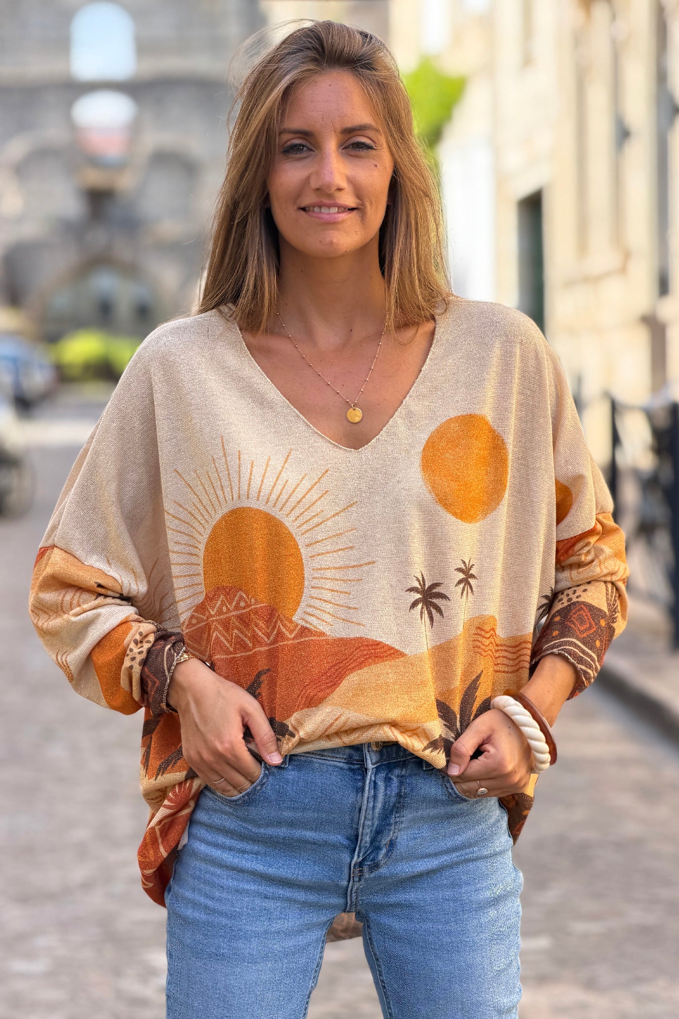 Top brillant imprimé Sunset terracotta soleil dunes et palmiers