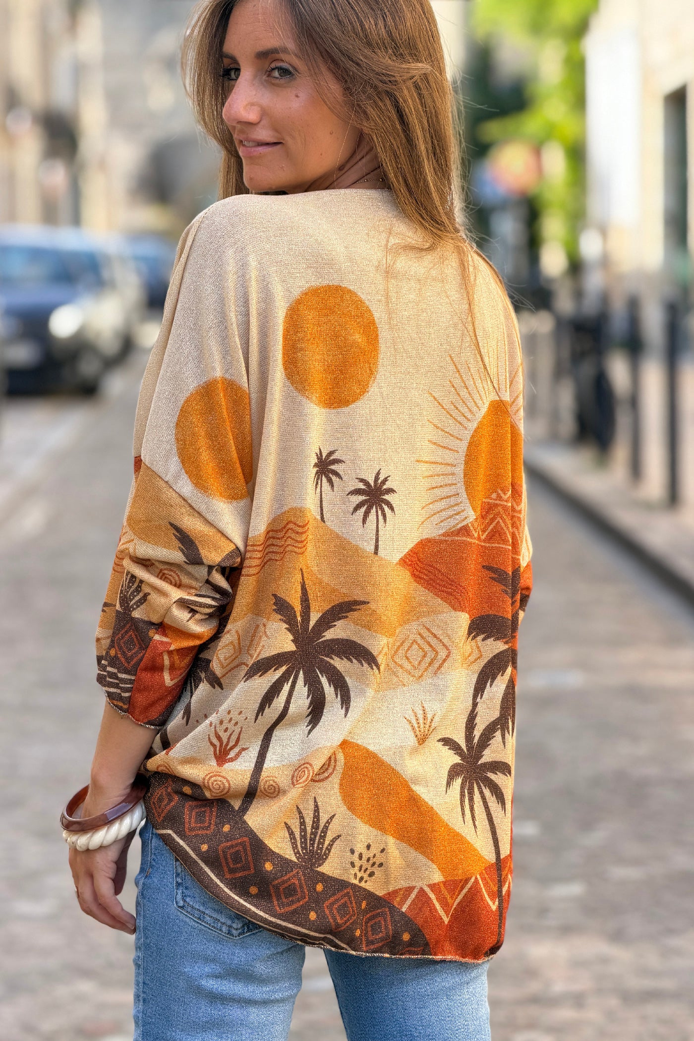Top brillant imprimé Sunset terracotta soleil dunes et palmiers