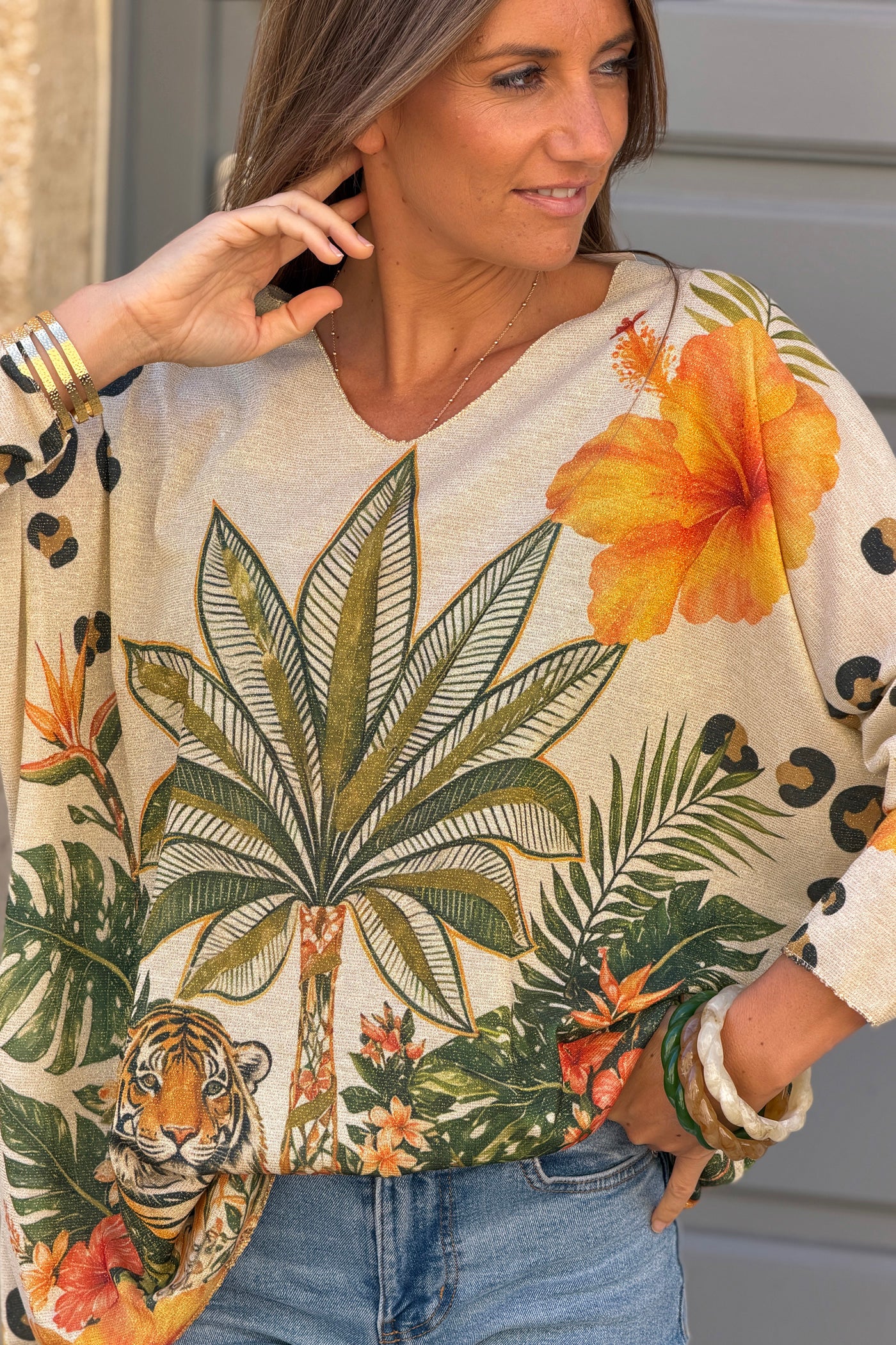 Olive Tiger Palm V-Neck Sweater