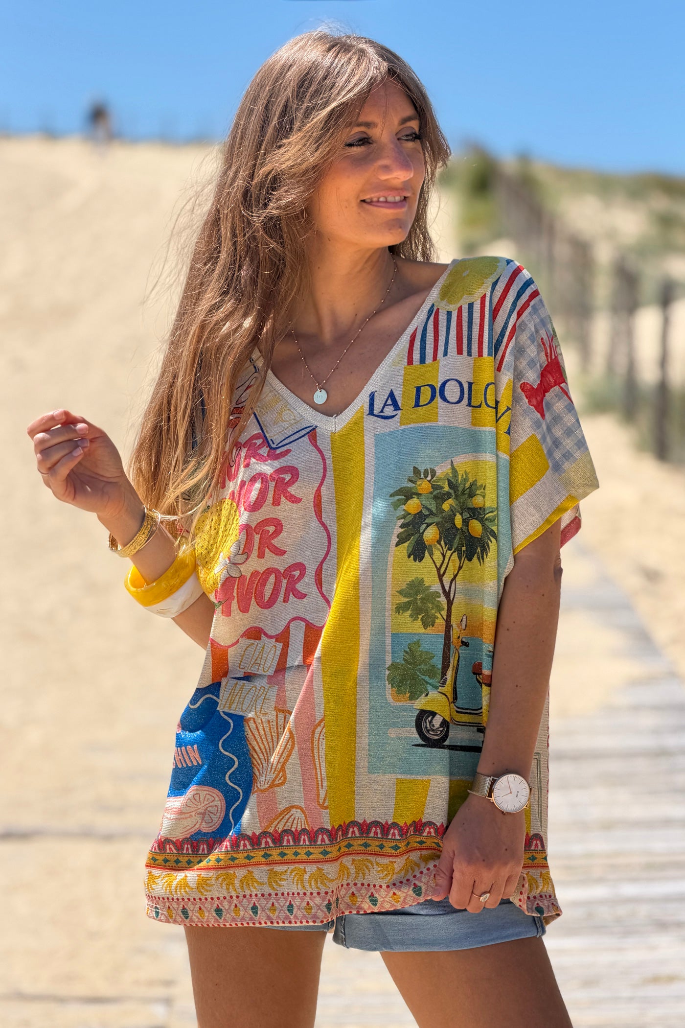 Cream Mediterranean Vintage Postcard Glitter Knit Tunic