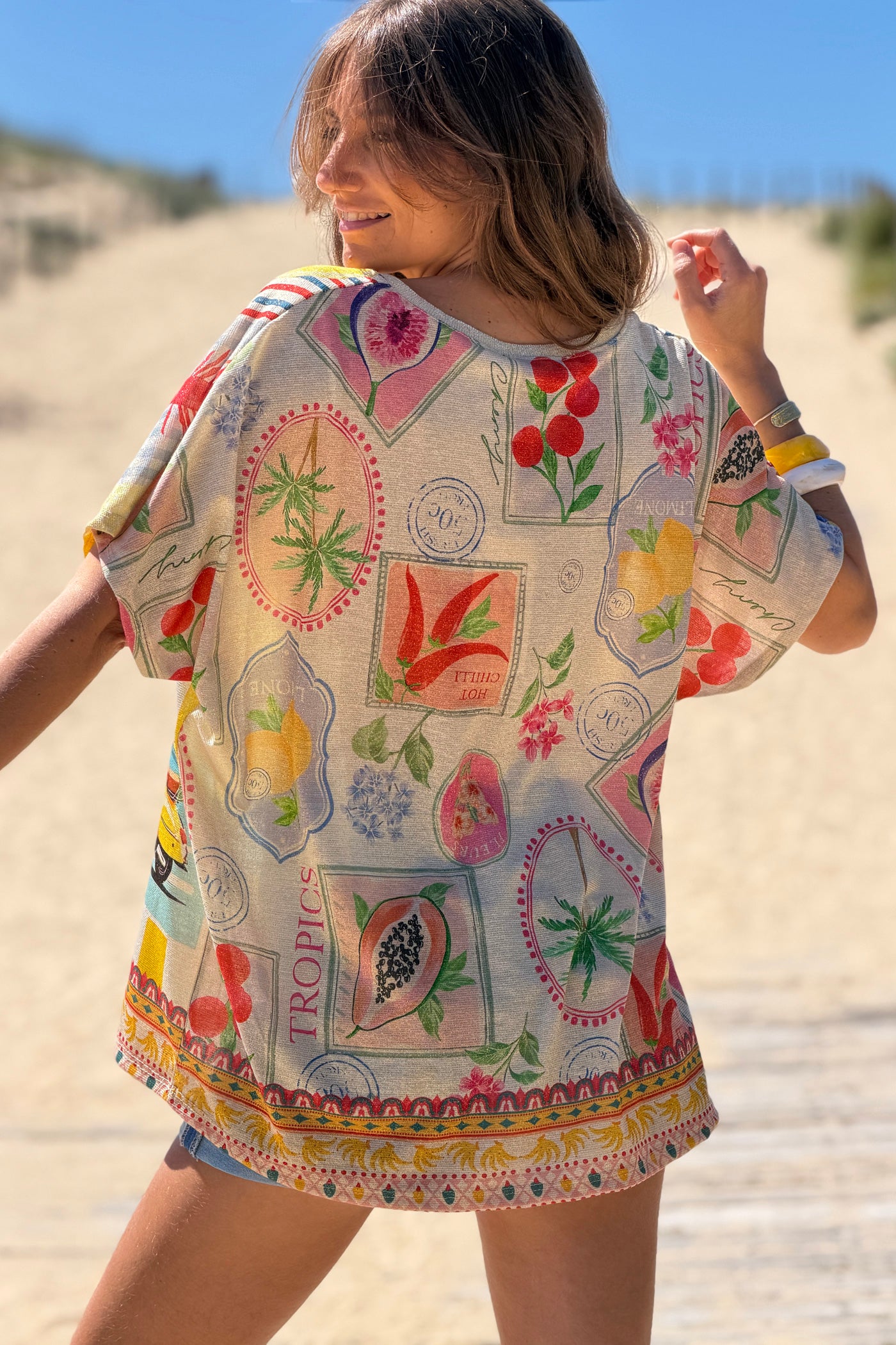 Cream Mediterranean Vintage Postcard Glitter Knit Tunic