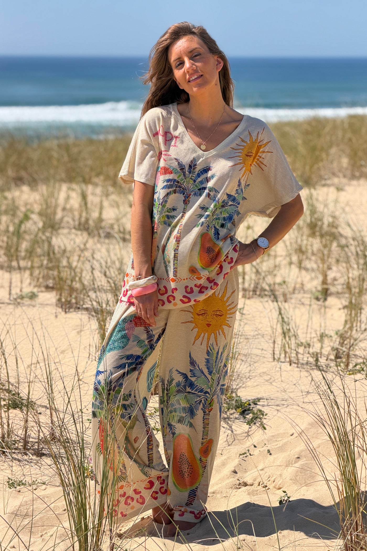 Beige Tropical Abstract Glitter Knit Tunic