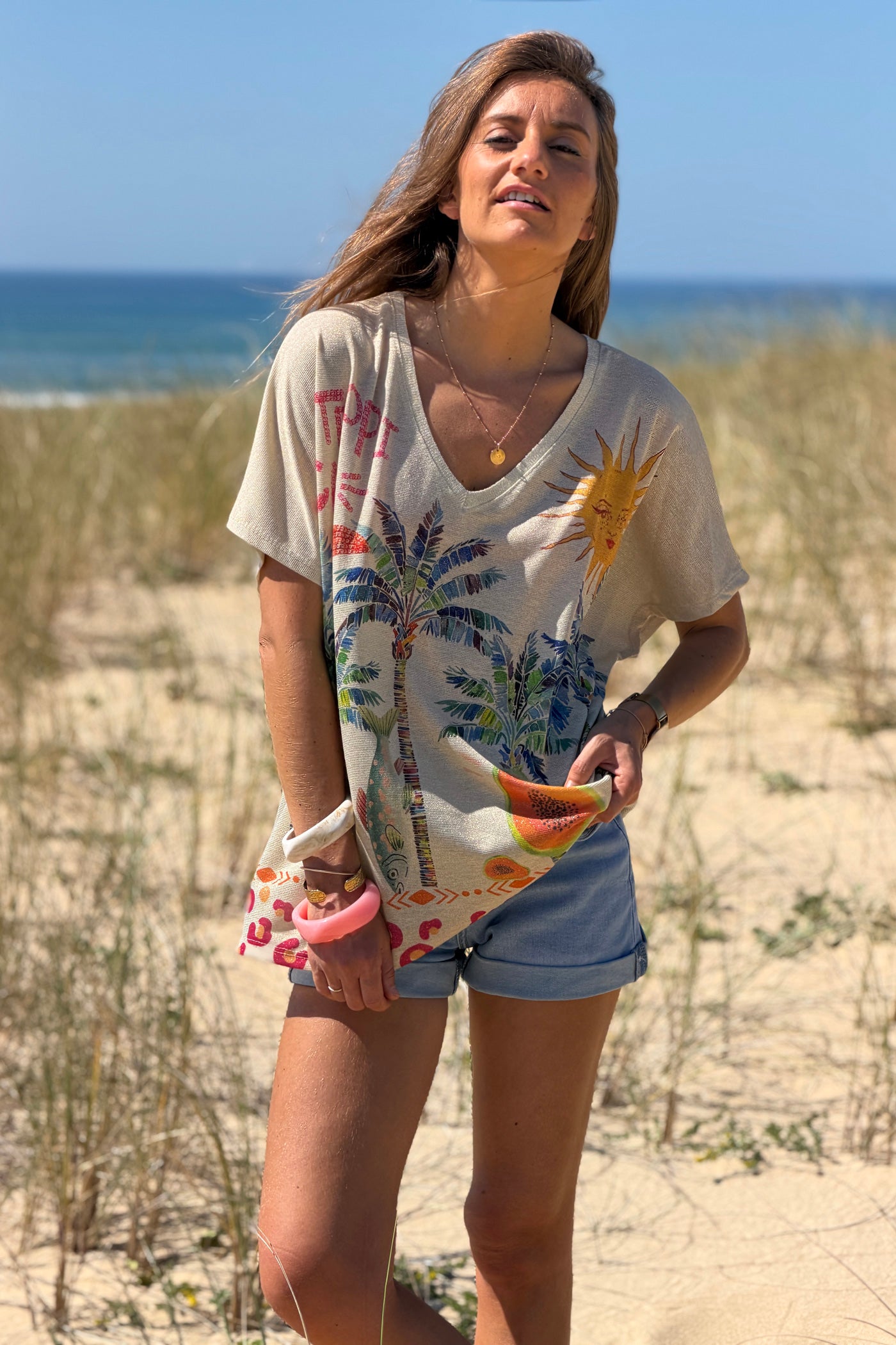 Beige Tropical Abstract Glitter Knit Tunic
