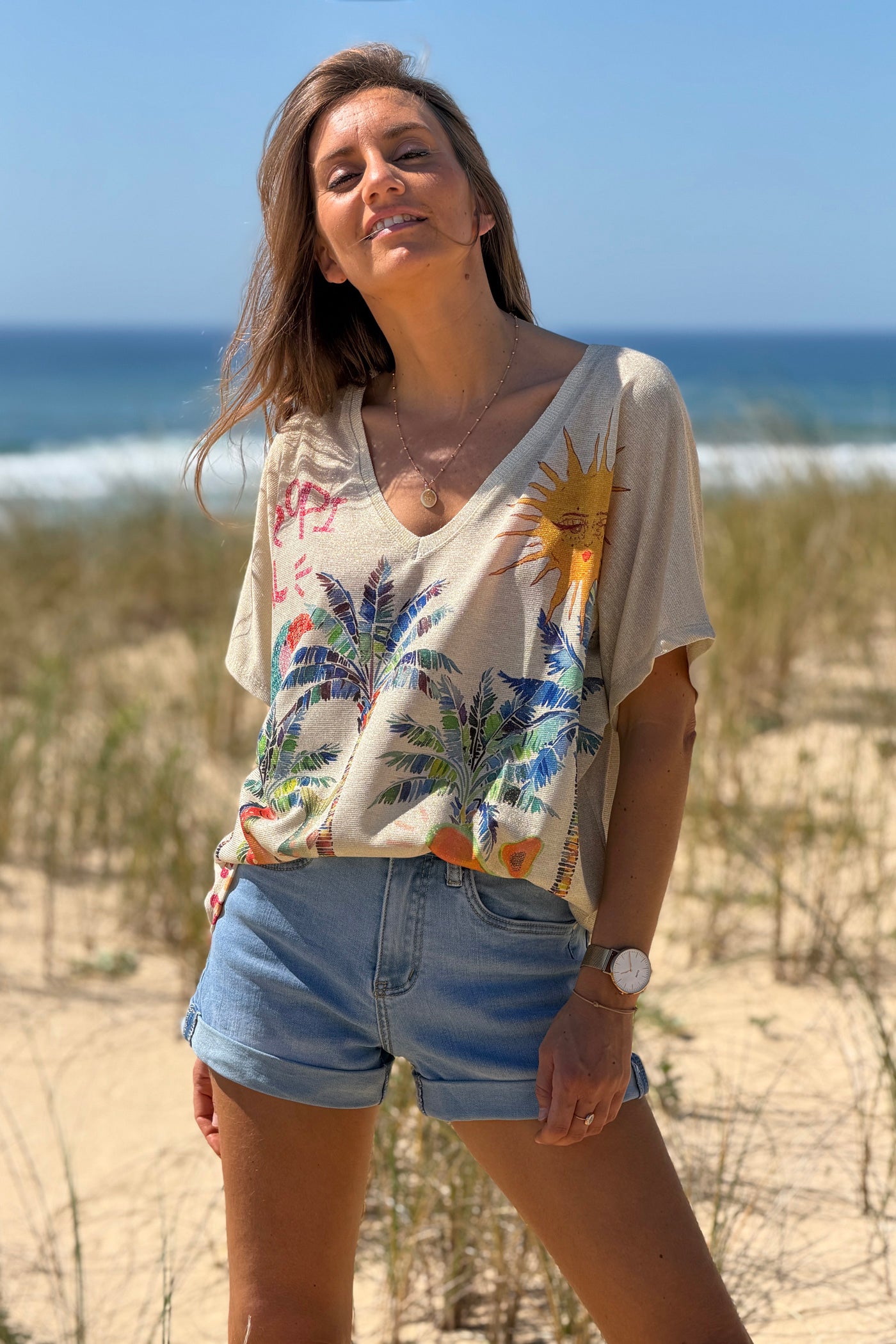 Beige Tropical Abstract Glitter Knit Tunic