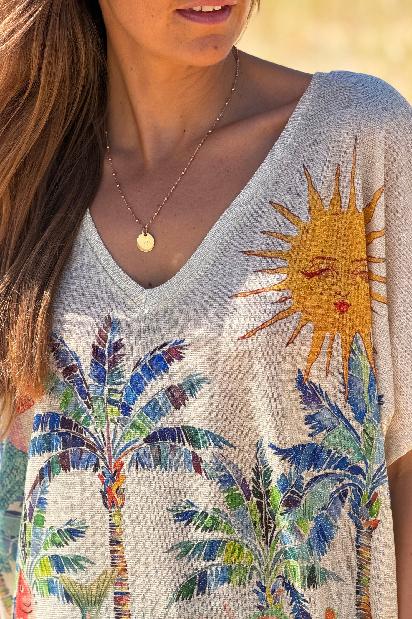 Beige Tropical Abstract Glitter Knit Tunic