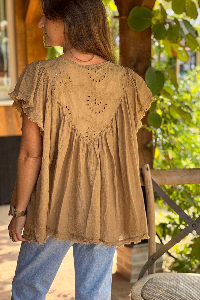 Top camel en coton details col et dos en broderie anglaise