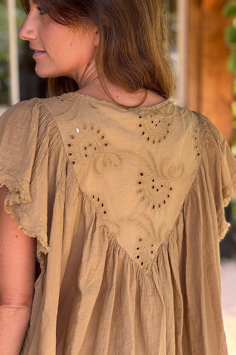 Top camel en coton details col et dos en broderie anglaise