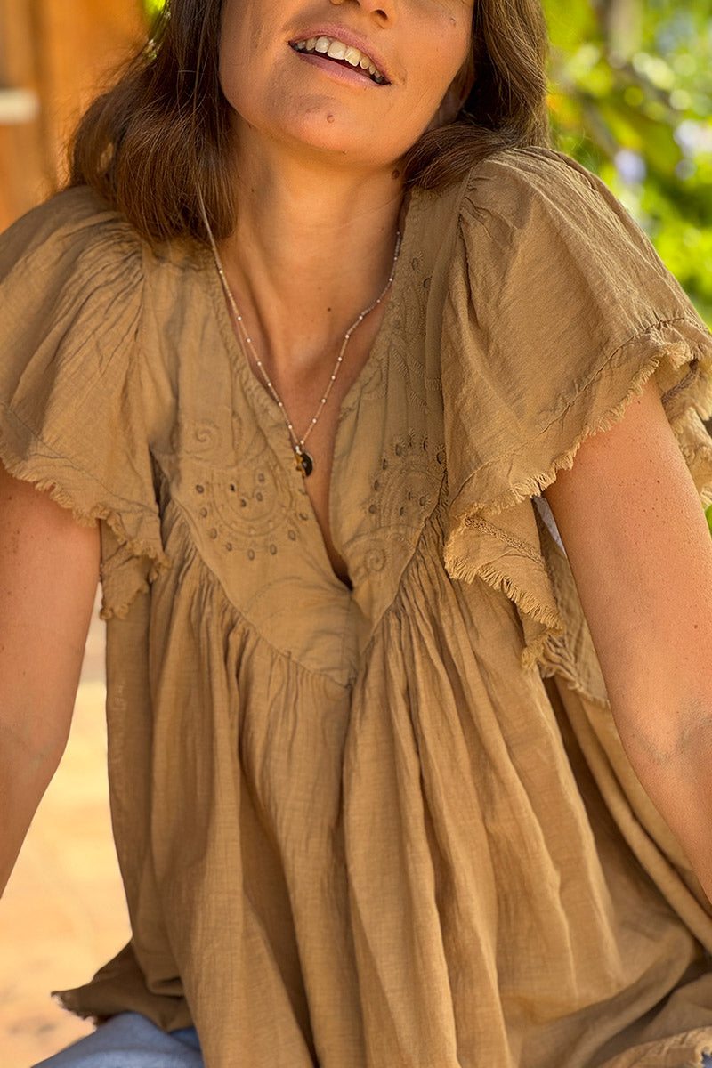 Top camel en coton details col et dos en broderie anglaise