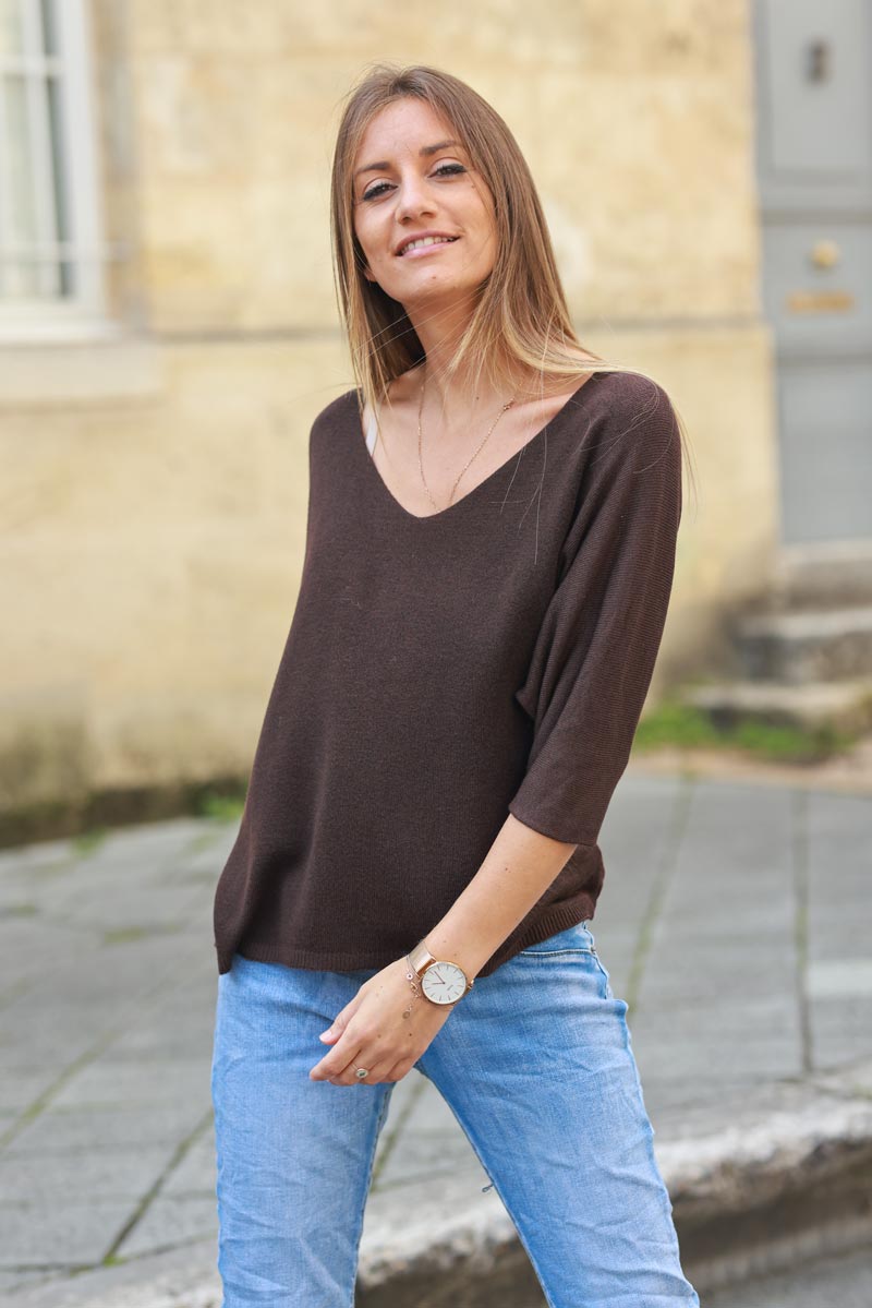 Top chocolat jersey manches chauve souris