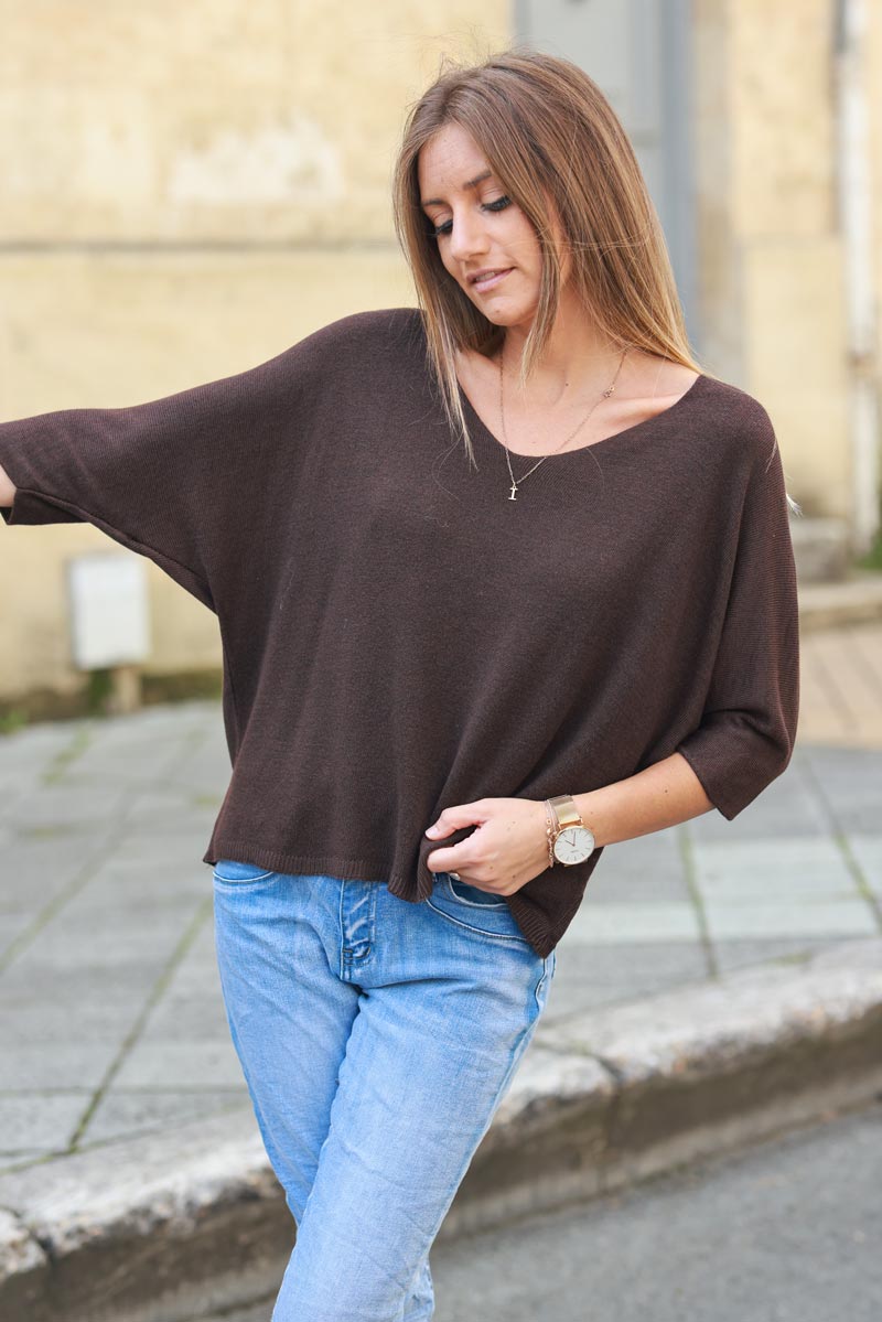 Top chocolat jersey manches chauve souris
