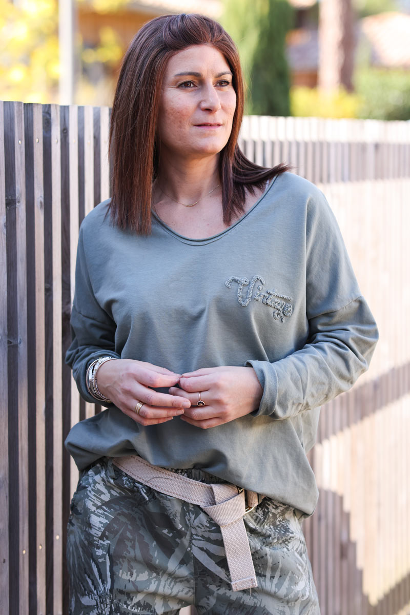 Top col V kaki en coton stretch vintage bouclette