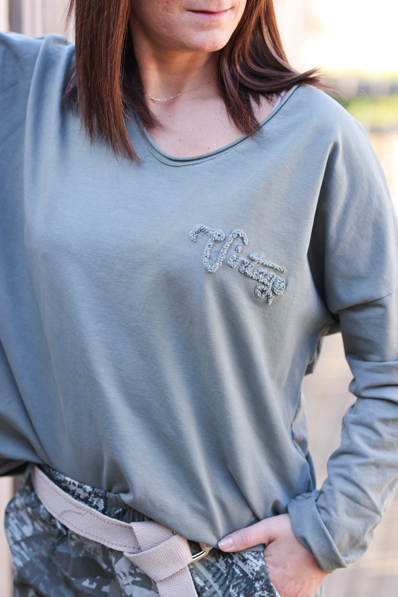 Top col V kaki en coton stretch vintage bouclette