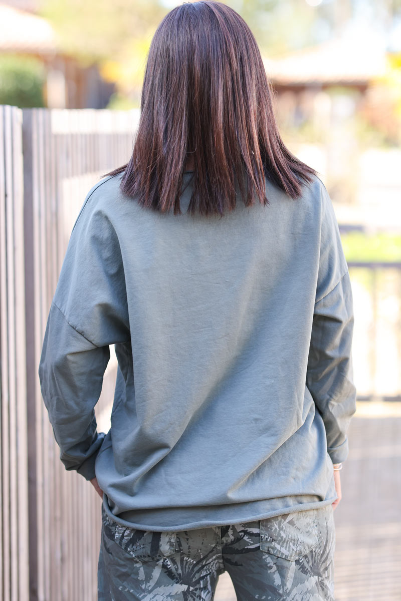 Top col V kaki en coton stretch vintage bouclette