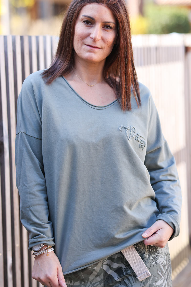 Top col V kaki en coton stretch vintage bouclette