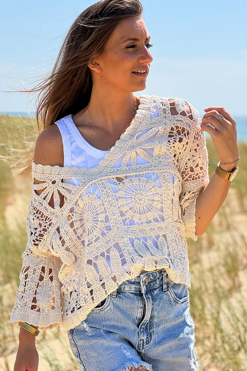 Cream Floral Crochet Cropped Top