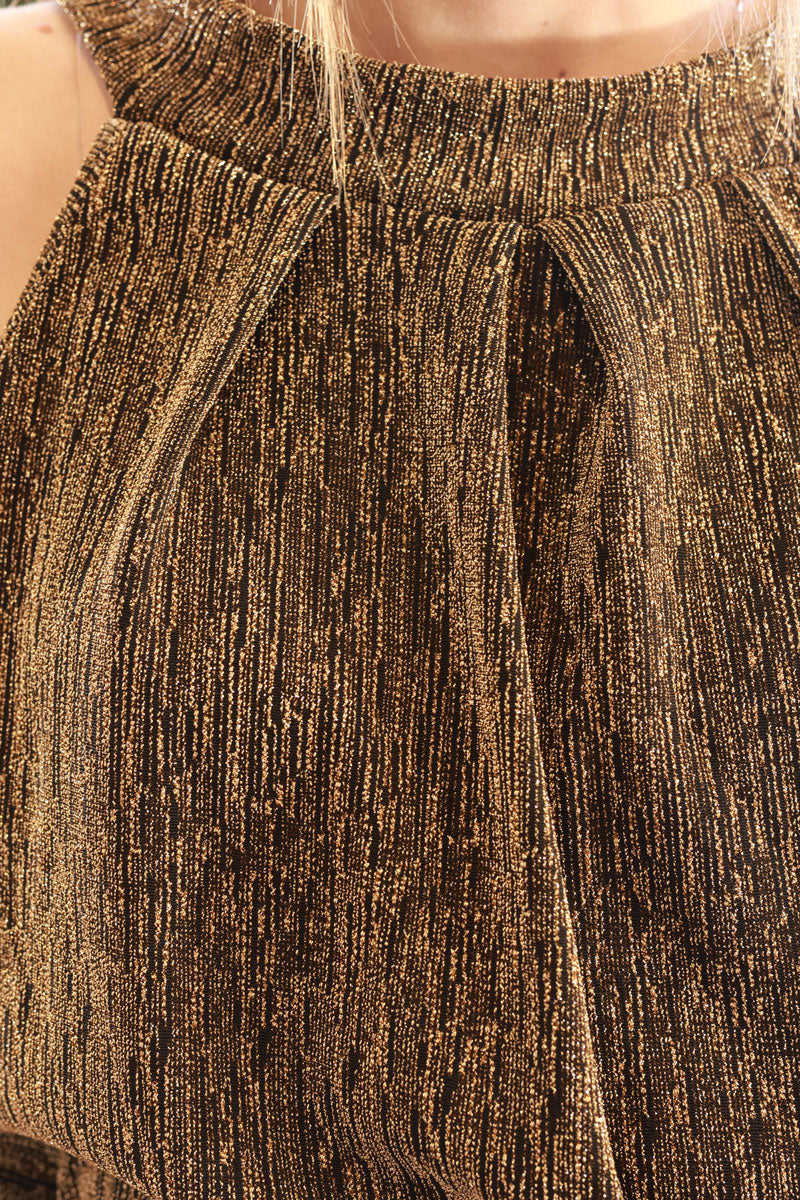 Top doré effet lamé pour les fêtes à bretelles dos nu goutte avec nœud