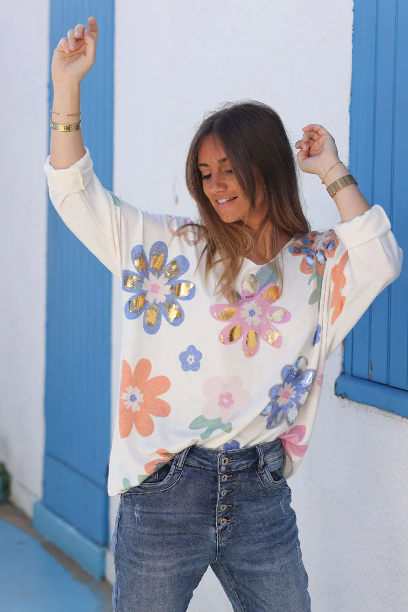 Top écru en jersey fleurs colorées et brillant tons bleus et oranges