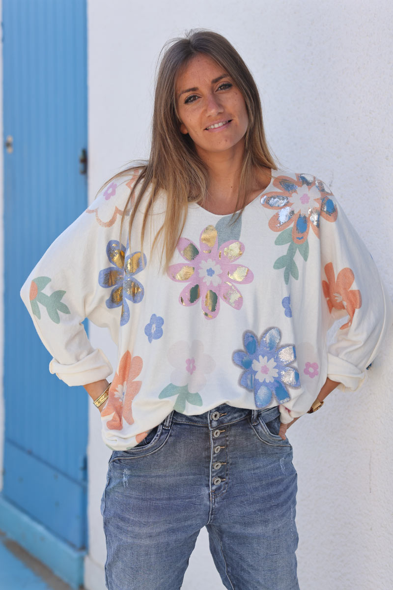 Top écru en jersey fleurs colorées et brillant tons bleus et oranges