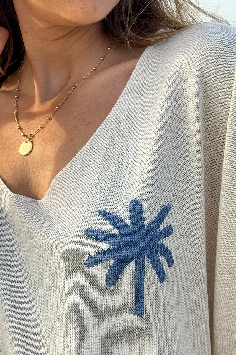 Top écru en petite maille manches courtes palmier bleu