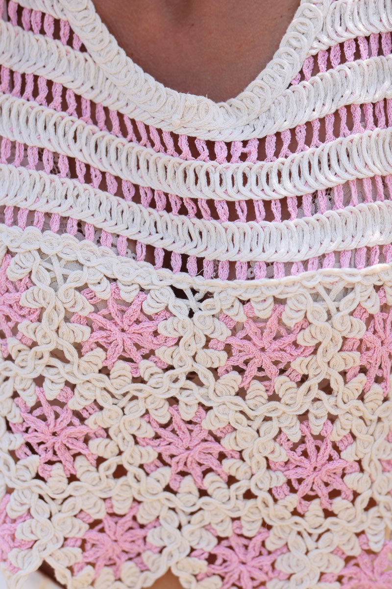 Top en crochet coton rayures et soleils rose esprit 70s h217 (1)