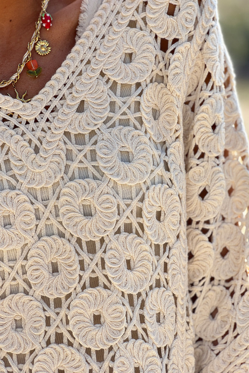 Cream Crochet Medallion V-Neck Dolman Top