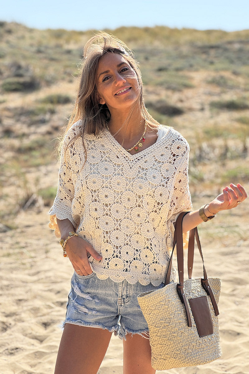 Cream Crochet Medallion V-Neck Dolman Top