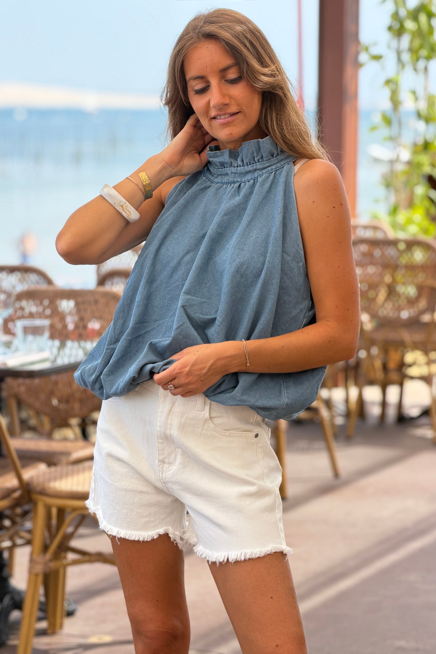 Top en denim souple col victorien montant élastique à la taille
