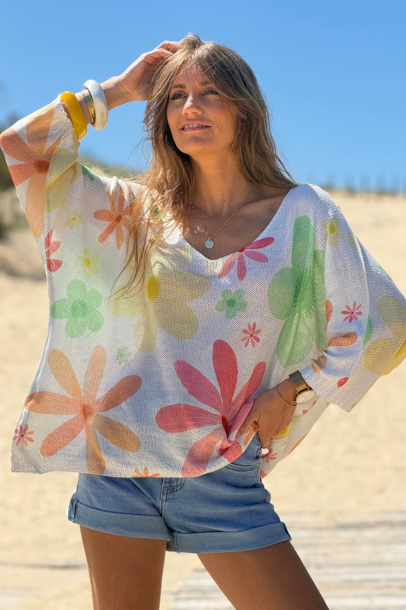 Top en maille coton manches chauve souris imprimé marguerite multicolore