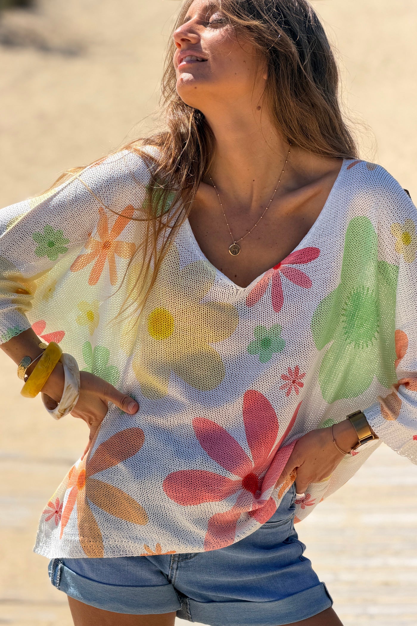 Top en maille coton manches chauve souris imprimé marguerite multicolore