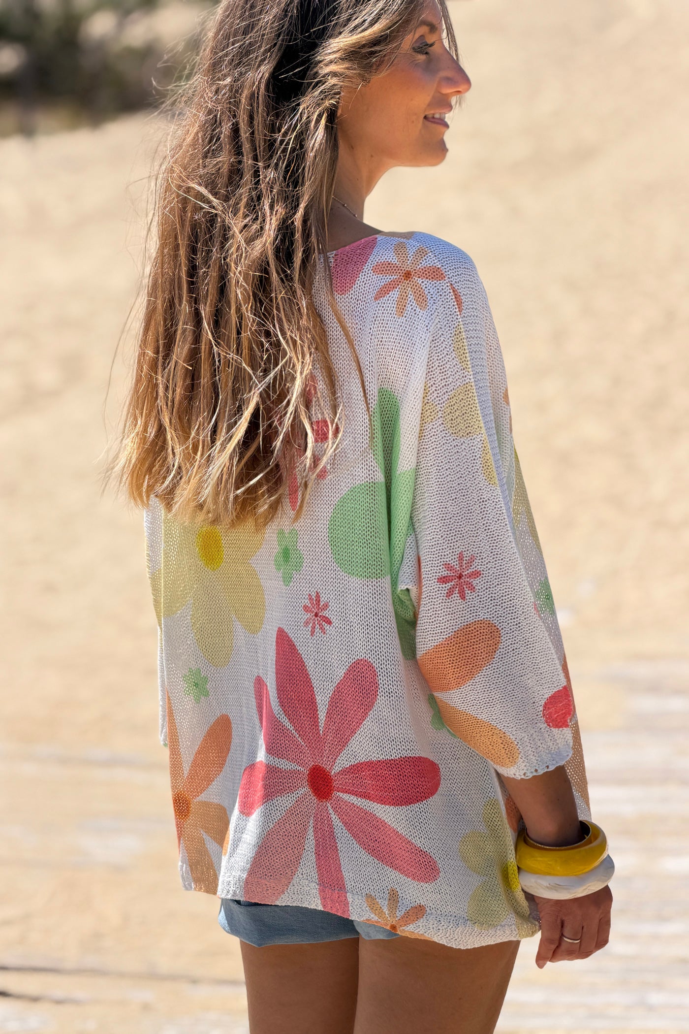 Top en maille coton manches chauve souris imprimé marguerite multicolore