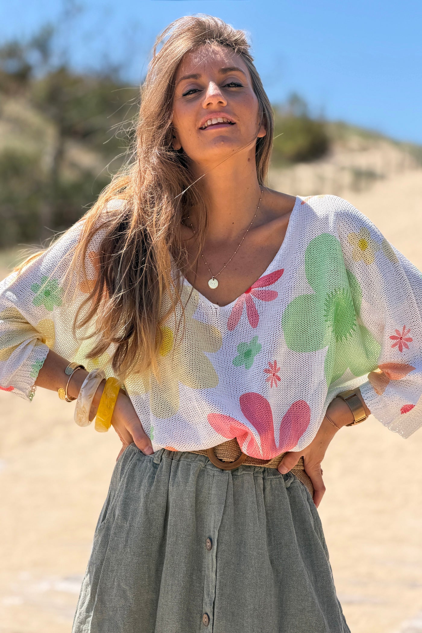 Top en maille coton manches chauve souris imprimé marguerite multicolore