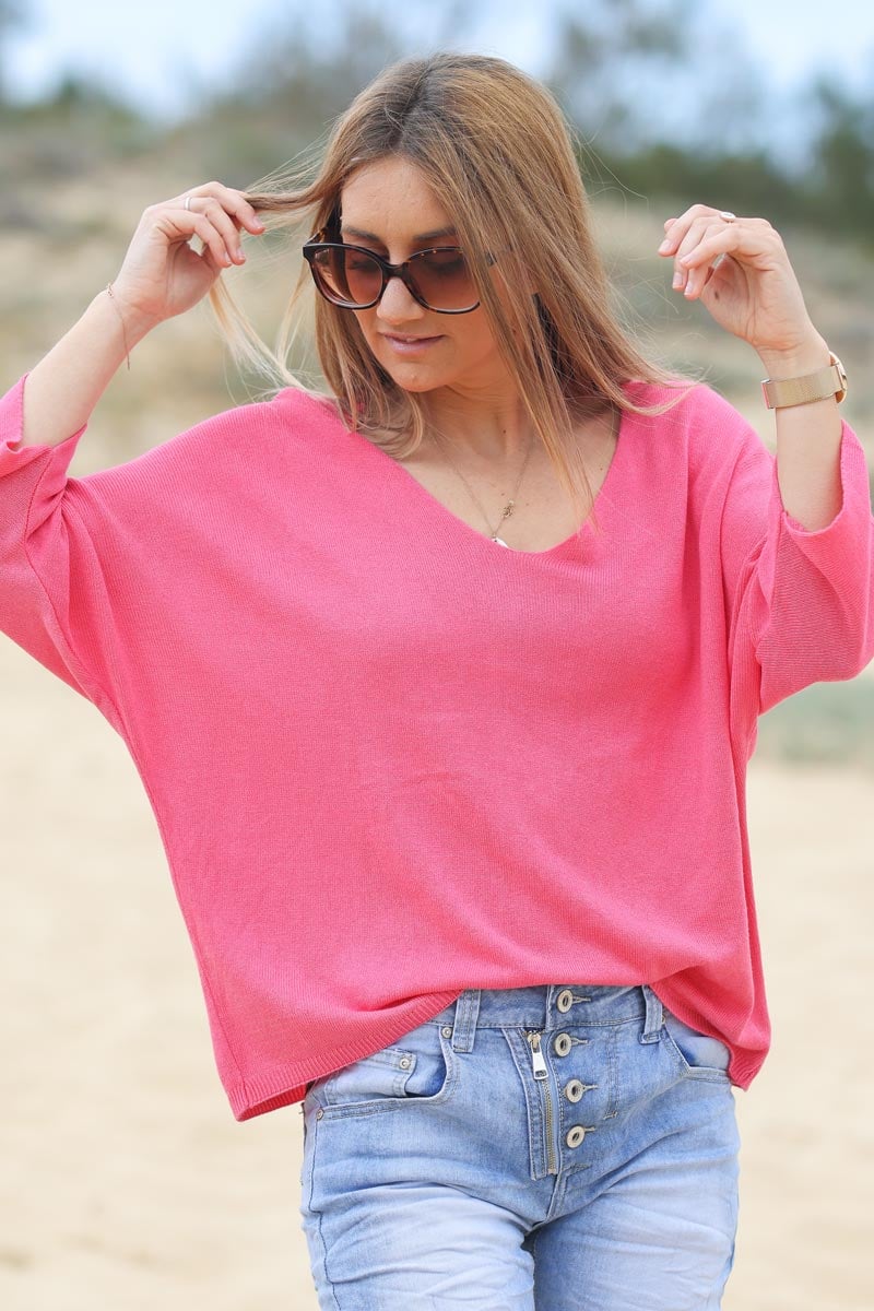 Top fuschia jersey manches chauve souris E161 (1)