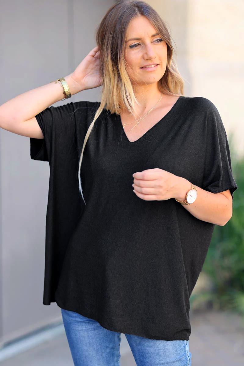Relaxed fit heather dark grey v-neck top