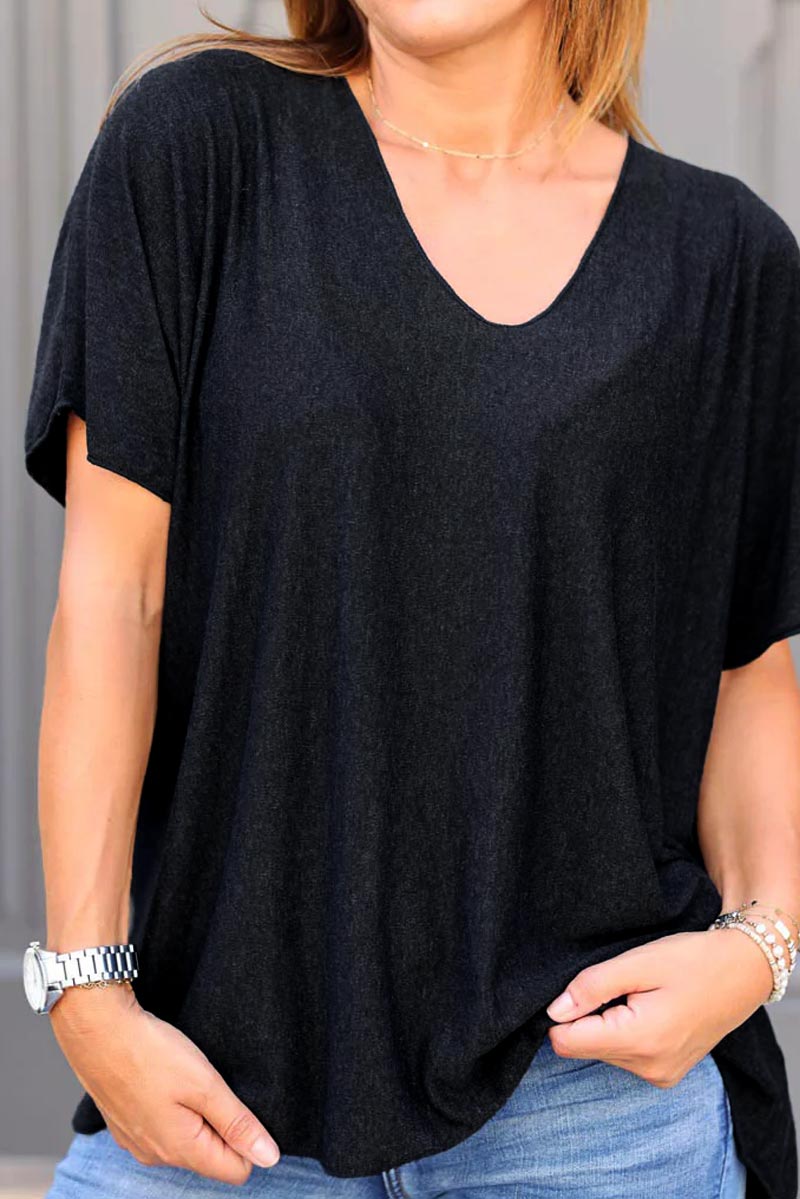 Relaxed fit heather dark grey v-neck top