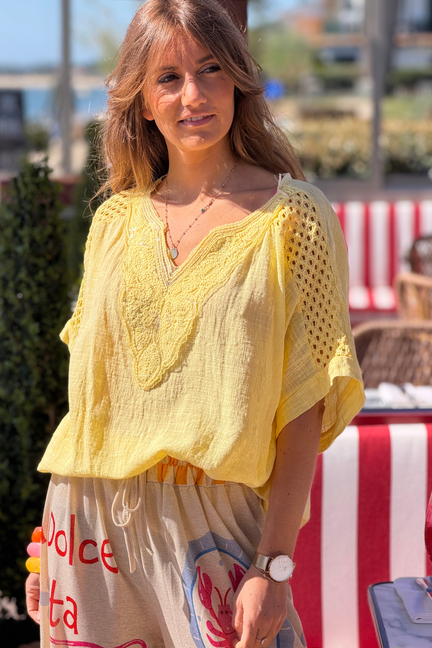Lemon Crochet Sleeve Linen Tunic