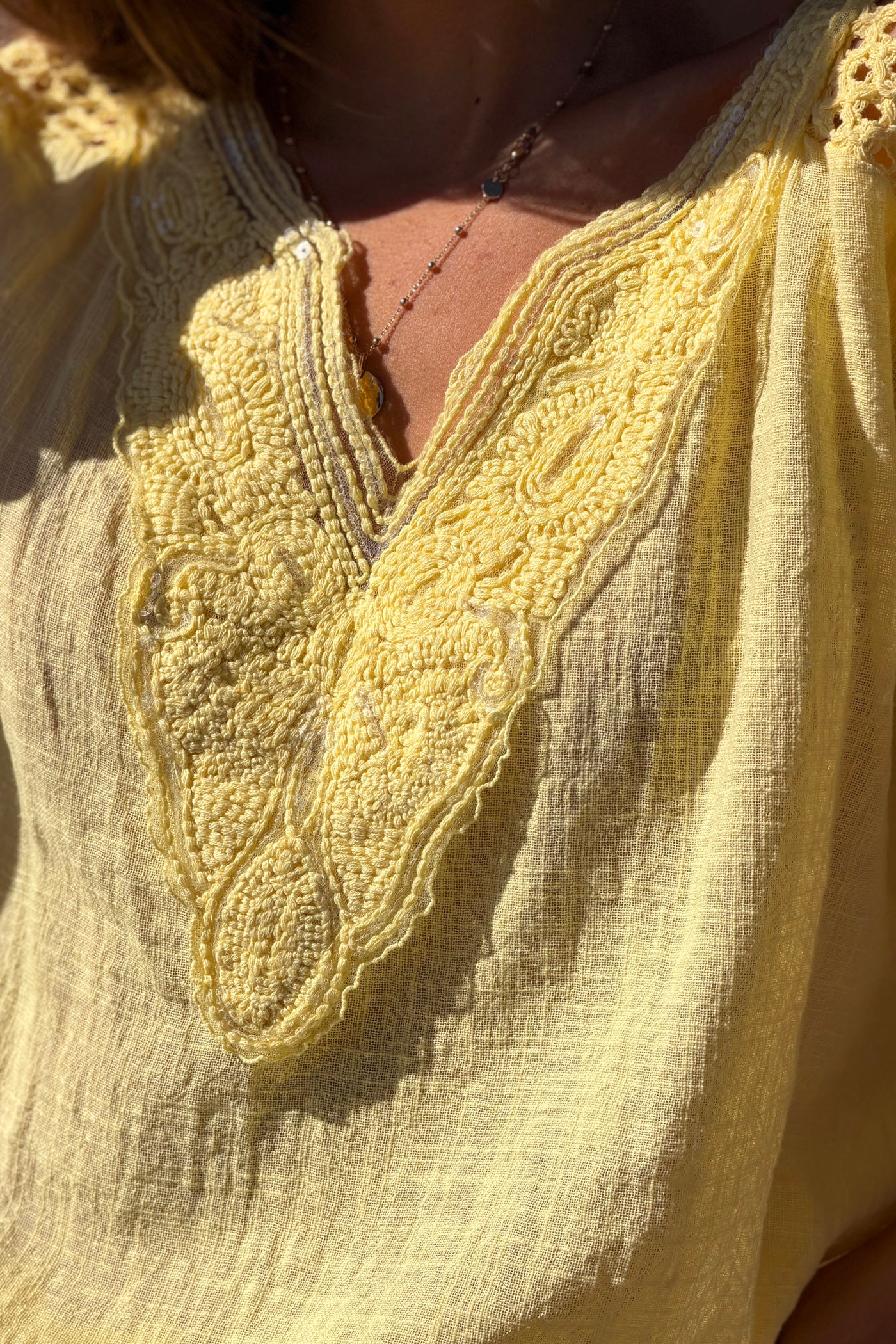 Lemon Crochet Sleeve Linen Tunic