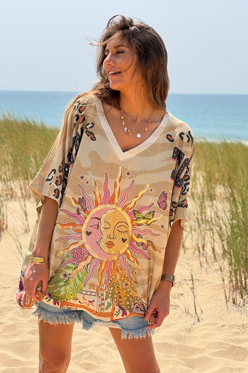 Beige Jungle Sun Glitter Knit Top