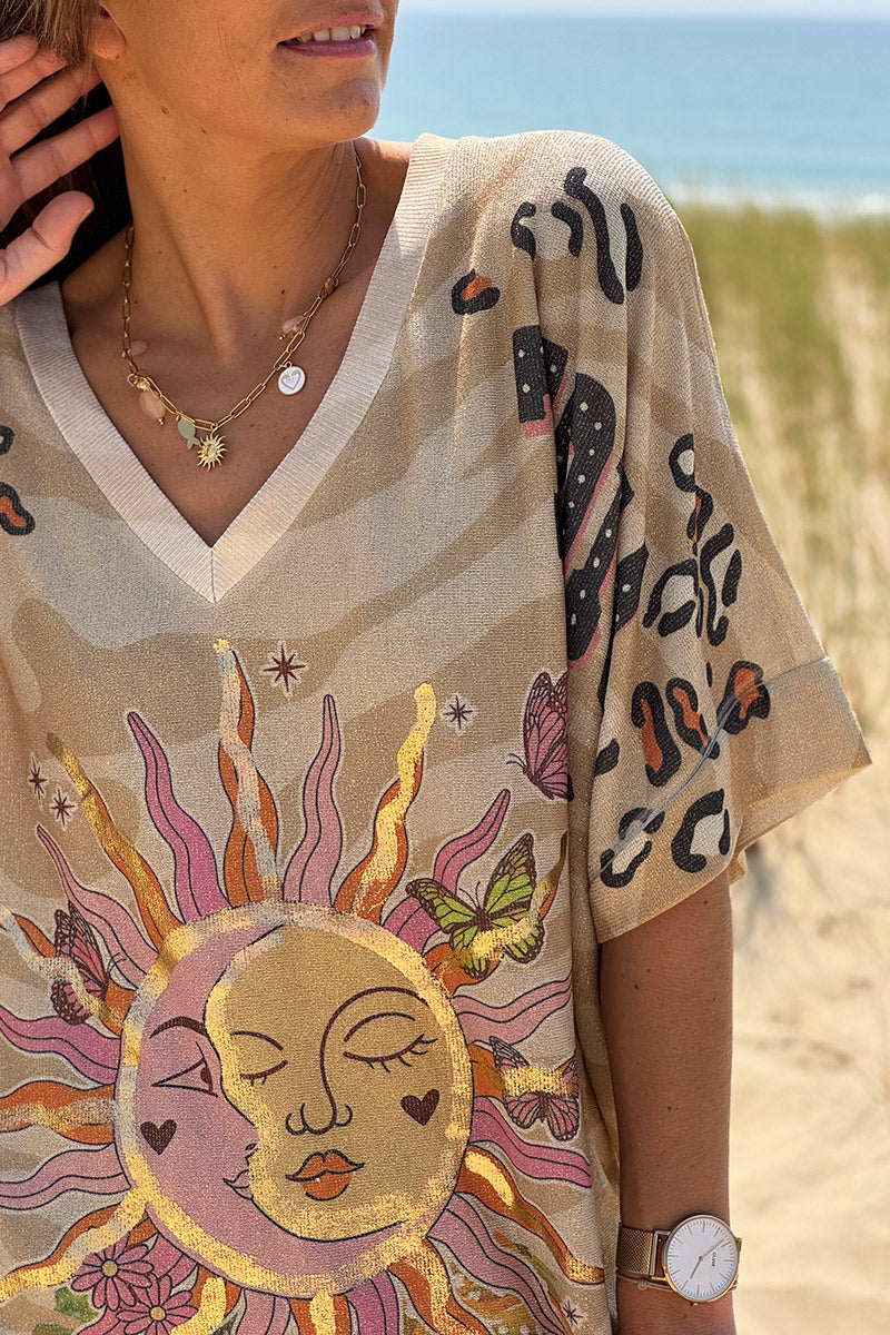 Beige Jungle Sun Glitter Knit Top